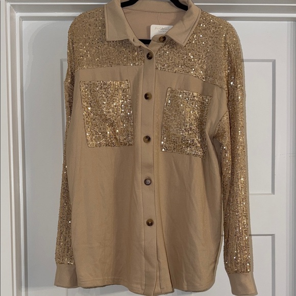 Pearls & Chicks Bouti Tops - Sequin Embellished Button Down Shirt - Tan